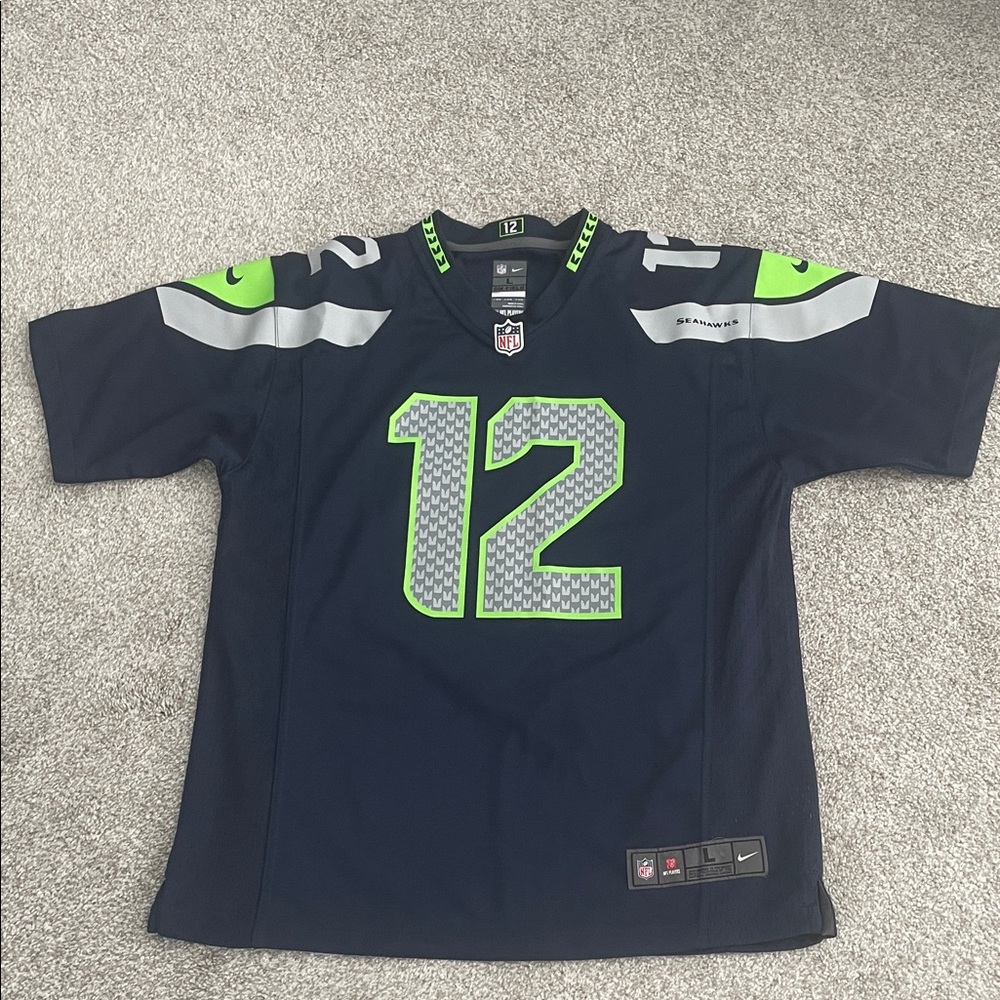 Official Nike NFL Seahawks 12 Fan Navy Jersey with Neon Green Accents